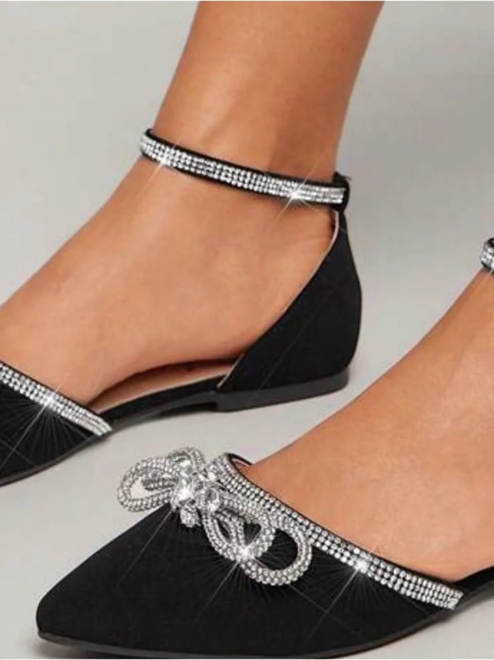 SHEIN Black Pointed-Toe Rhinestone Bow Ankle-Strap Flats